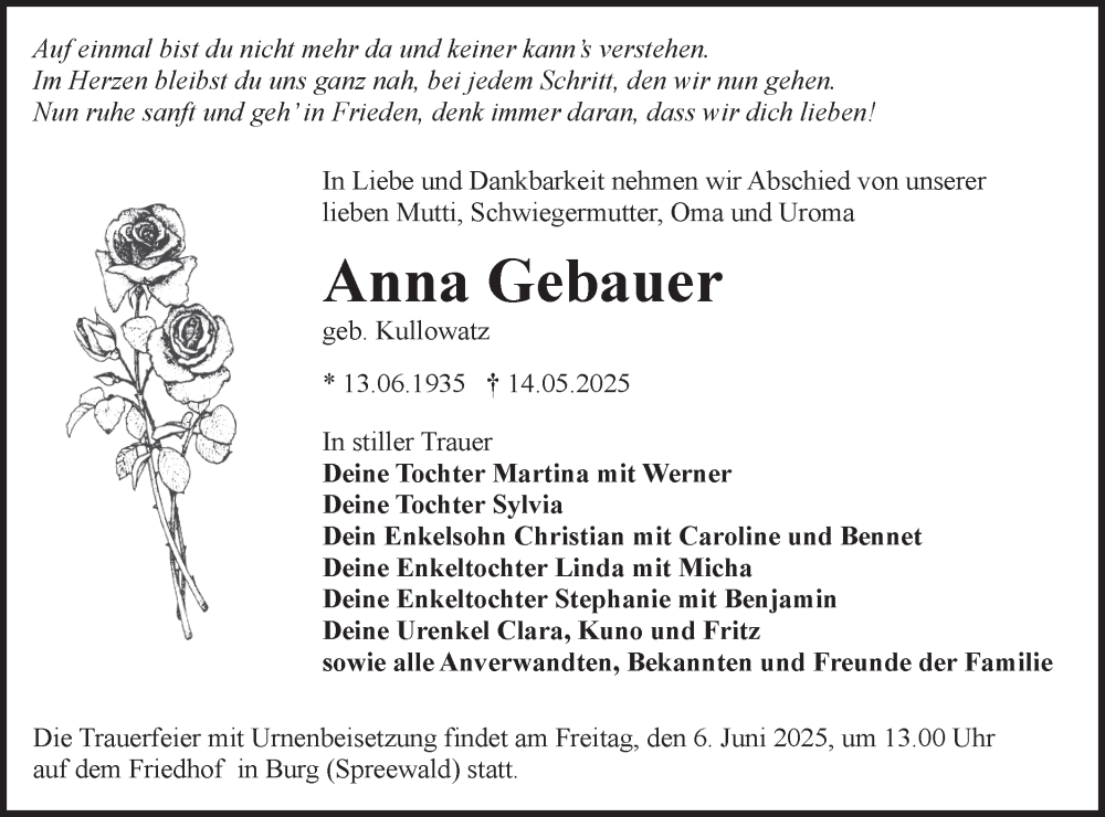  Traueranzeige für Anna Gebauer vom 24.05.2025 aus Lausitzer Rundschau