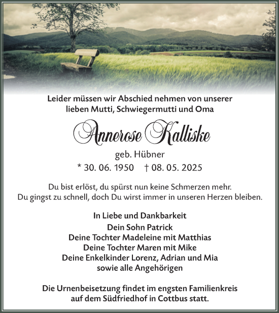Traueranzeige von Annerose Kalliske von Lausitzer Rundschau