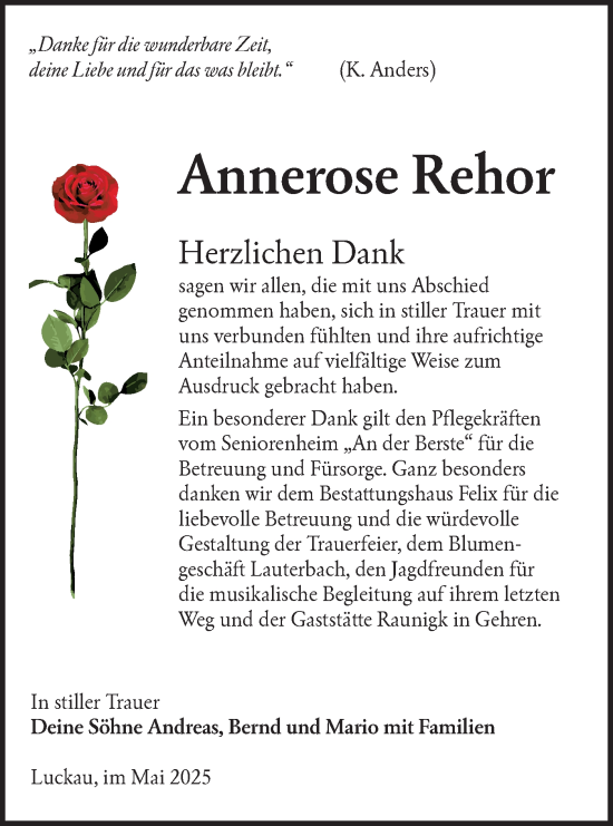 Traueranzeige von Annerose Rehor von Lausitzer Rundschau
