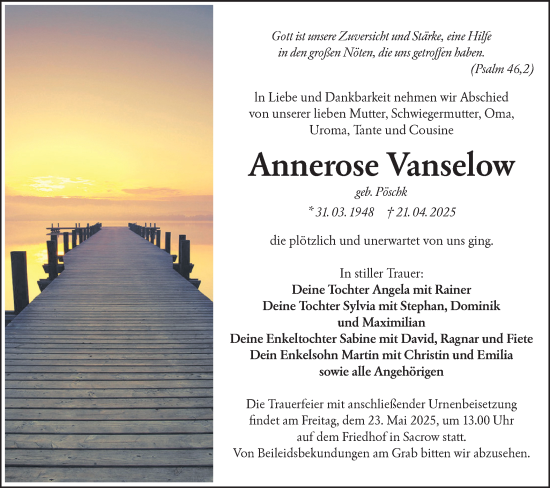 Traueranzeige von Annerose Vanselow von Lausitzer Rundschau