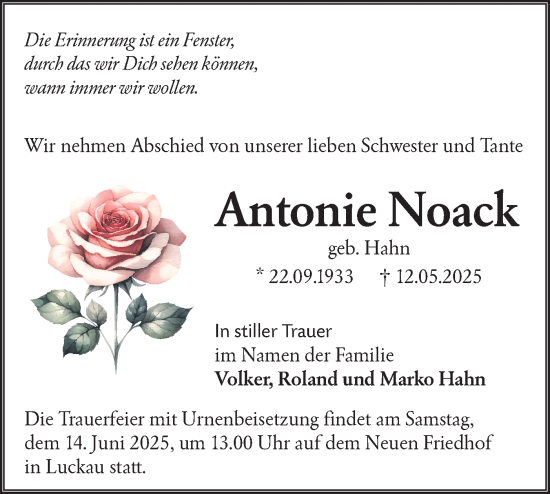Traueranzeige von Antonie Noack von Lausitzer Rundschau