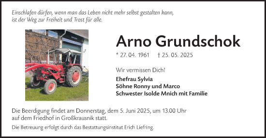 Traueranzeige von Arno Grundschok von Lausitzer Rundschau