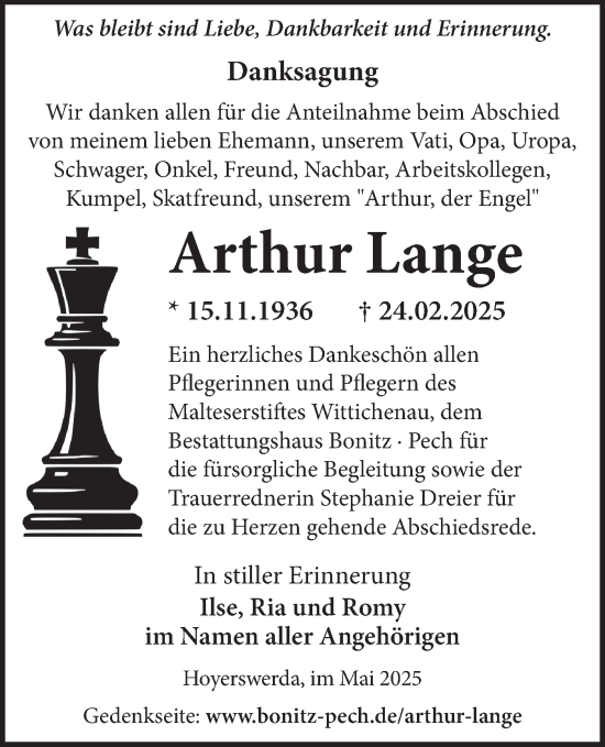Traueranzeige von Arthur Lange von Lausitzer Rundschau