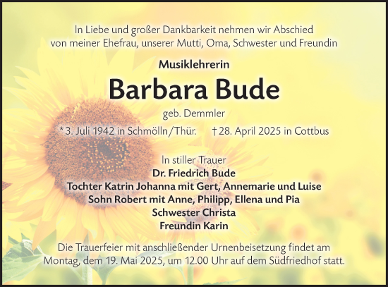 Traueranzeige von Barbara Bude von Lausitzer Rundschau