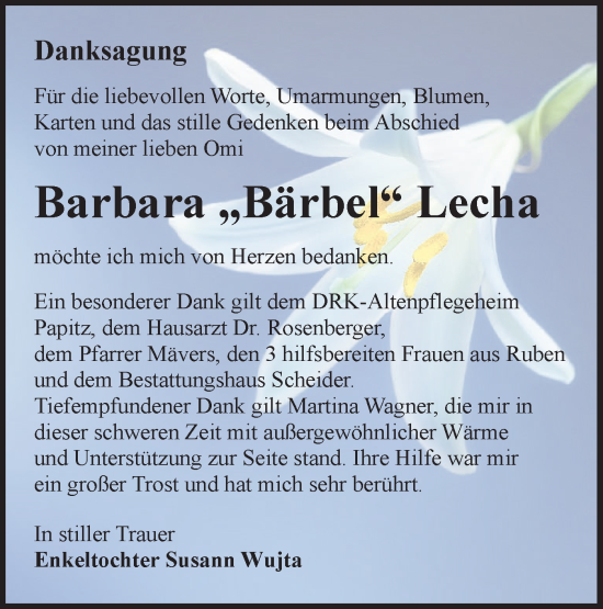 Traueranzeige von Barbara Lecha von Lausitzer Rundschau