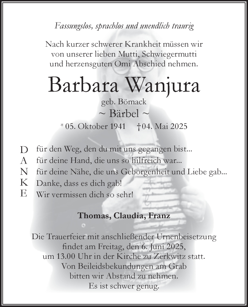  Traueranzeige für Barbara Wanjura vom 24.05.2025 aus Lausitzer Rundschau