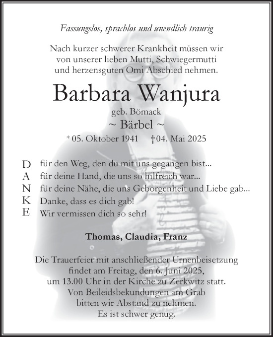 Traueranzeige von Barbara Wanjura von Lausitzer Rundschau