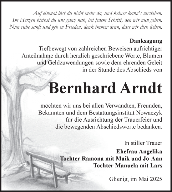 Traueranzeige von Bernhard Arndt von Lausitzer Rundschau