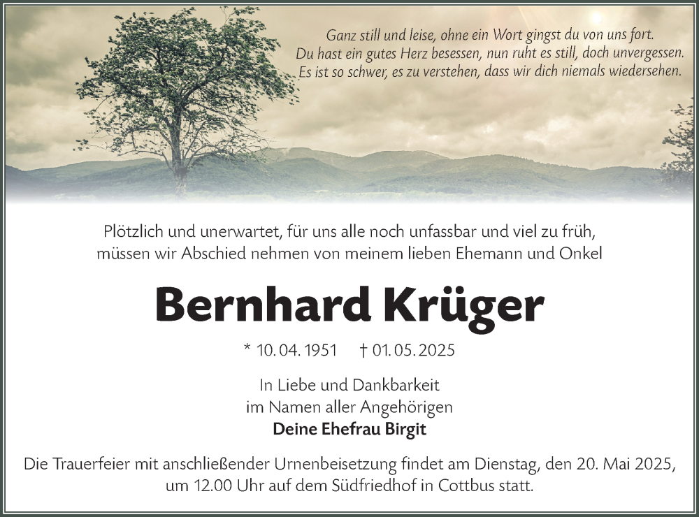  Traueranzeige für Bernhard Krüger vom 10.05.2025 aus Lausitzer Rundschau