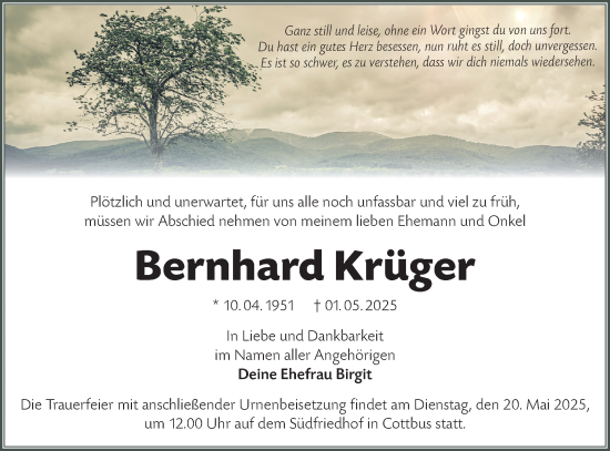 Traueranzeige von Bernhard Krüger von Lausitzer Rundschau