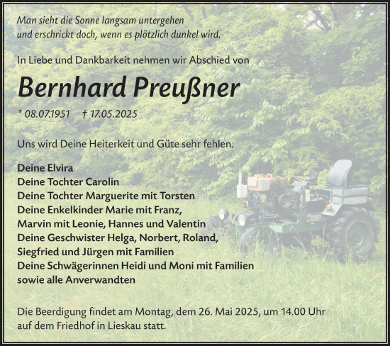 Traueranzeige von Bernhard Preußner von Lausitzer Rundschau