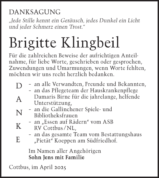 Traueranzeige von Brigitte Klingbeil von Lausitzer Rundschau
