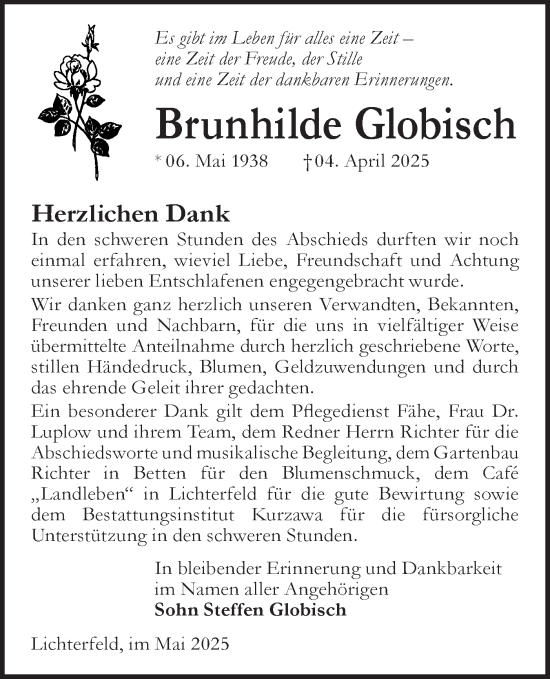 Traueranzeige von Brunhilde Globisch von Lausitzer Rundschau