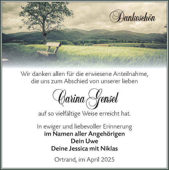 Traueranzeige von Carina Gensel von Lausitzer Rundschau