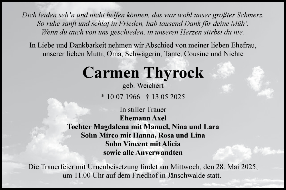  Traueranzeige für Carmen Thyrock vom 24.05.2025 aus Lausitzer Rundschau