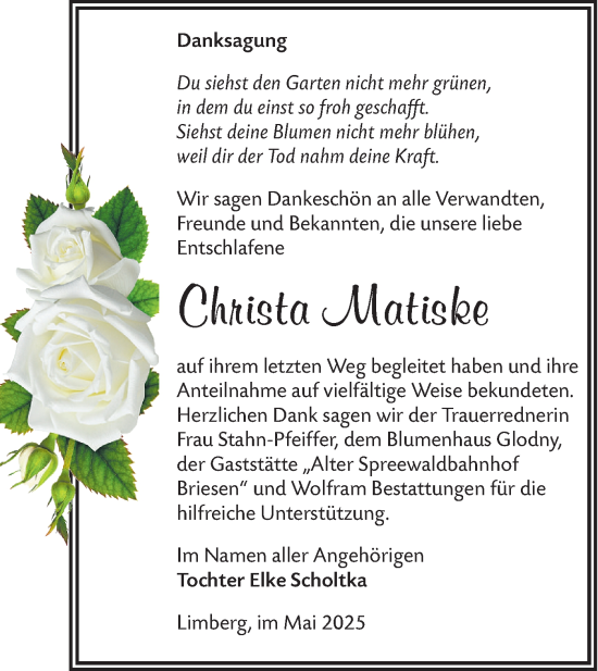 Traueranzeige von Christa Matiske von Lausitzer Rundschau