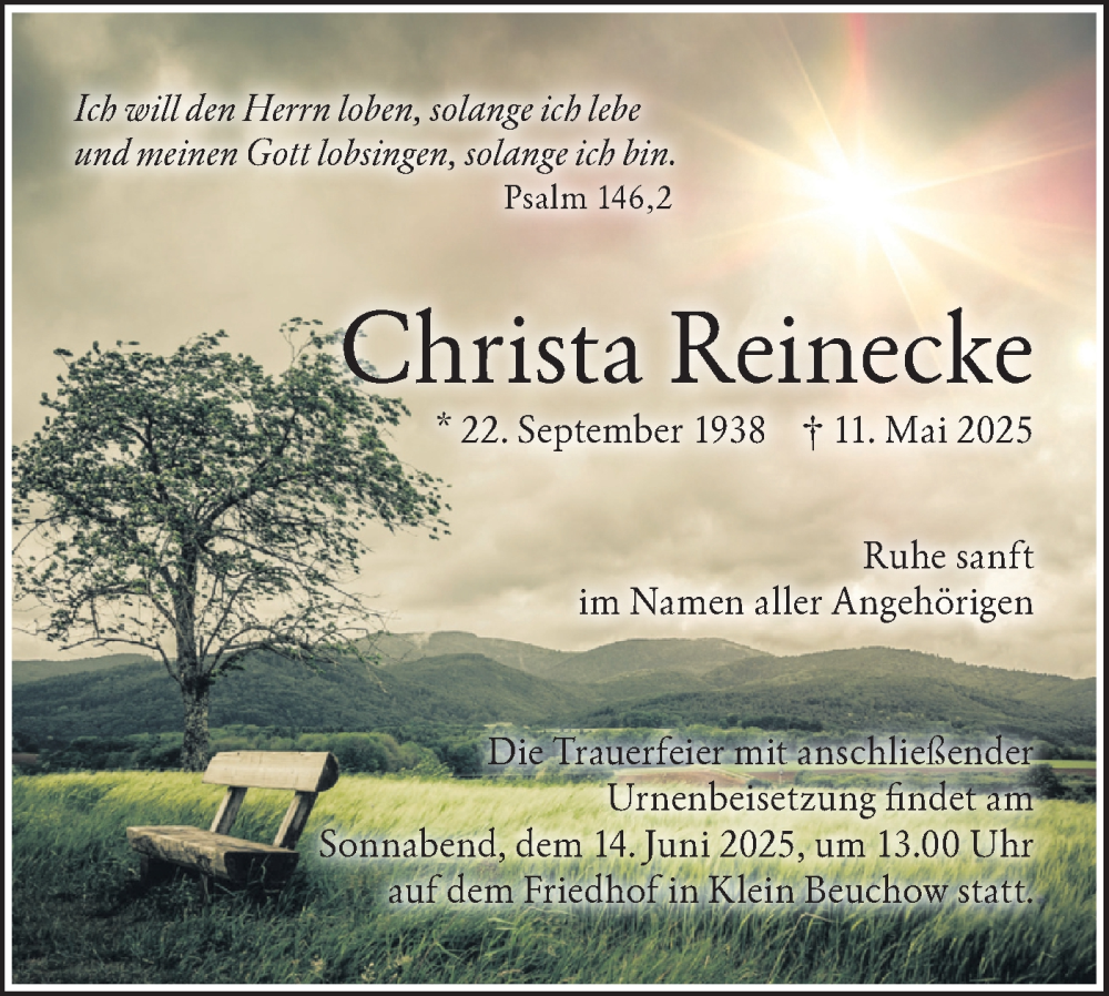  Traueranzeige für Christa Reinecke vom 31.05.2025 aus Lausitzer Rundschau