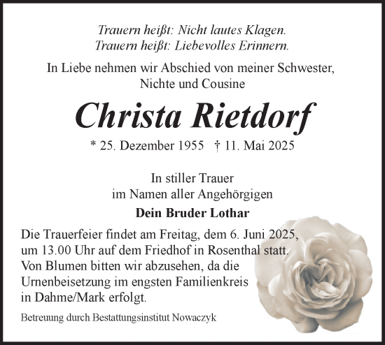 Traueranzeige von Christa Rietdorf von Lausitzer Rundschau