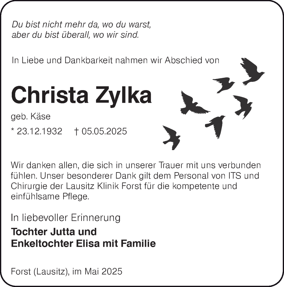  Traueranzeige für Christa Zylka vom 31.05.2025 aus Lausitzer Rundschau