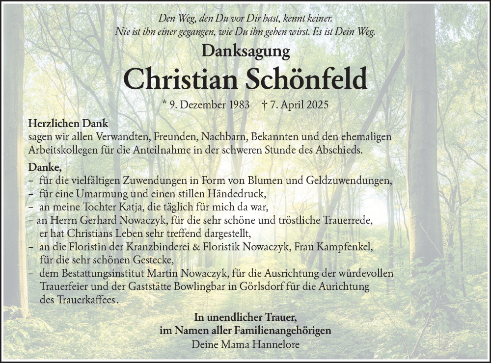  Traueranzeige für Christian Schönfeld vom 17.05.2025 aus Lausitzer Rundschau