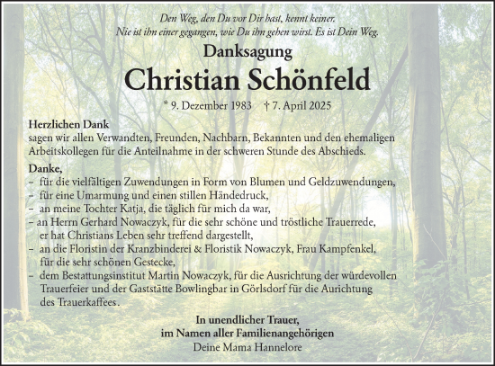 Traueranzeige von Christian Schönfeld von Lausitzer Rundschau