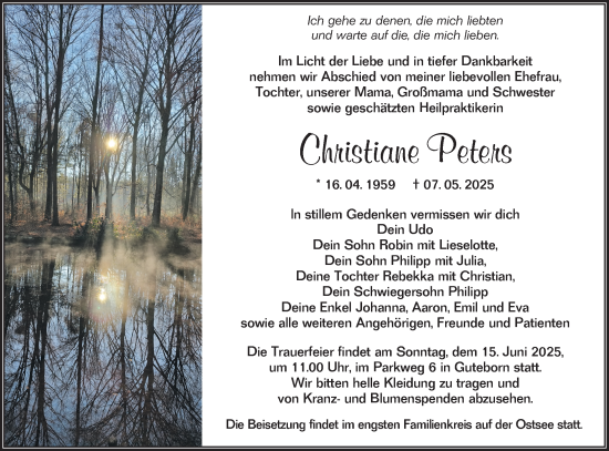 Traueranzeige von Christiane Peters von Lausitzer Rundschau