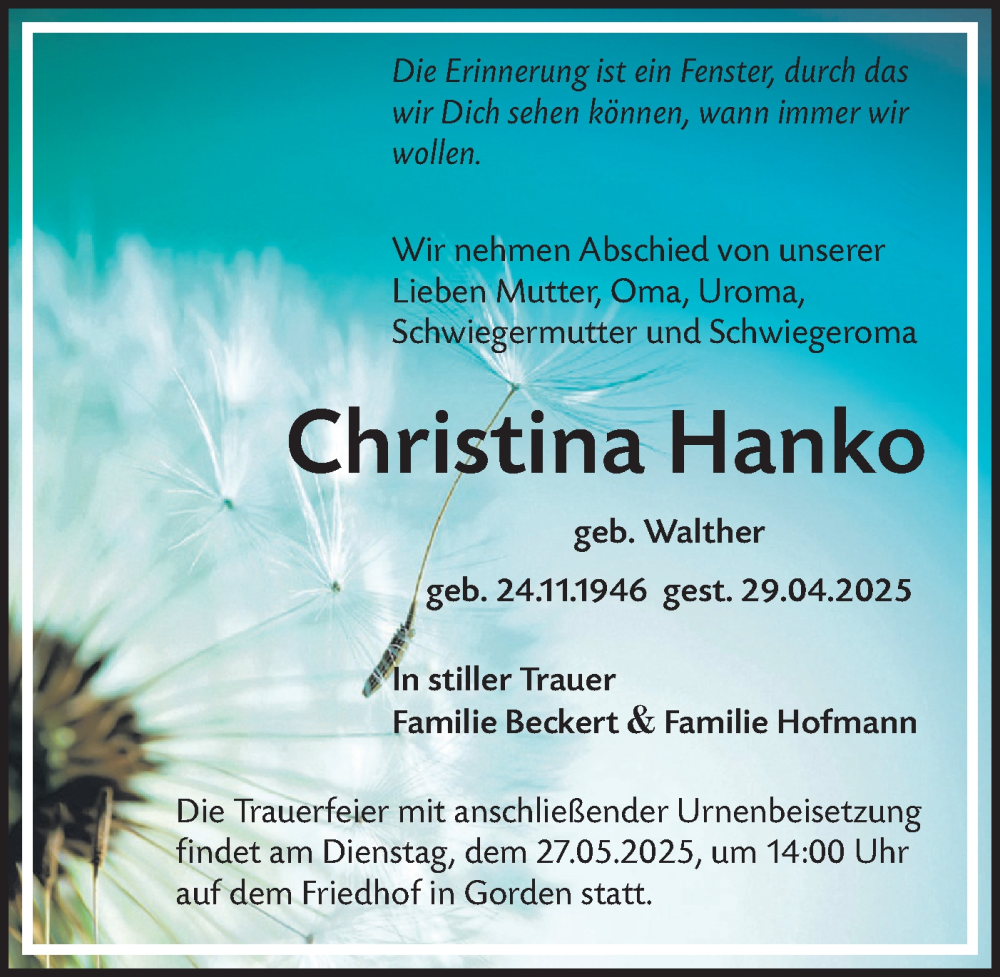  Traueranzeige für Christina Hanko vom 21.05.2025 aus Lausitzer Rundschau