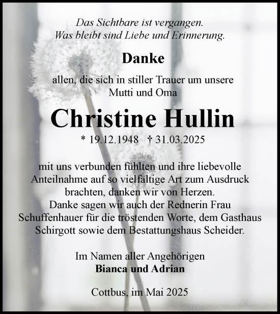 Traueranzeige von Christine Hullin von Lausitzer Rundschau