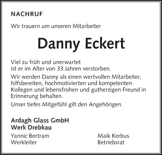 Traueranzeige von Danny Eckert von Lausitzer Rundschau
