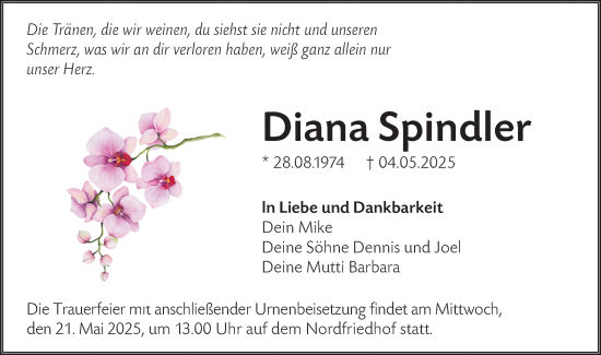Traueranzeige von Diana Spindler von Lausitzer Rundschau