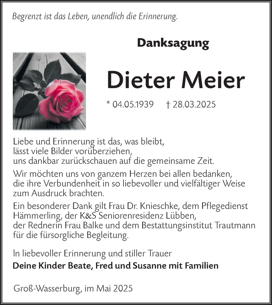  Traueranzeige für Dieter Meier vom 24.05.2025 aus Lausitzer Rundschau