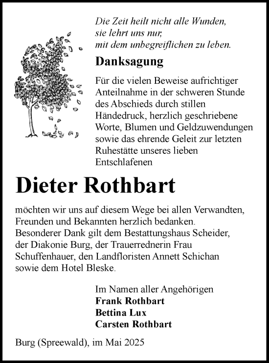 Traueranzeige von Dieter Rothbart von Lausitzer Rundschau