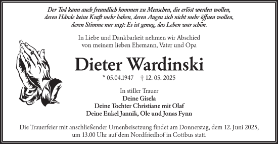 Traueranzeige von Dieter Wardinski von Lausitzer Rundschau