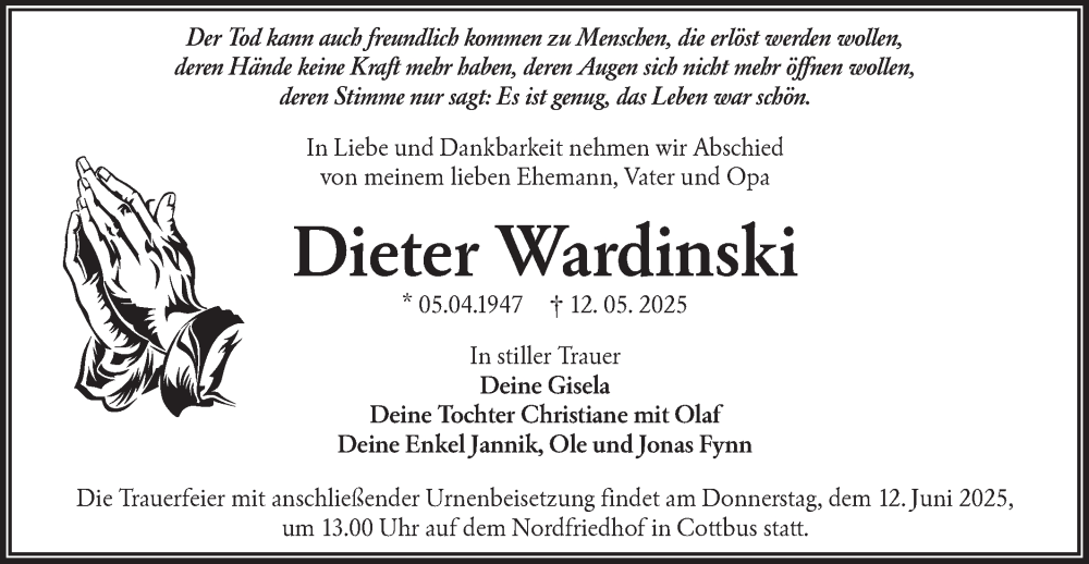  Traueranzeige für Dieter Wardinski vom 31.05.2025 aus Lausitzer Rundschau