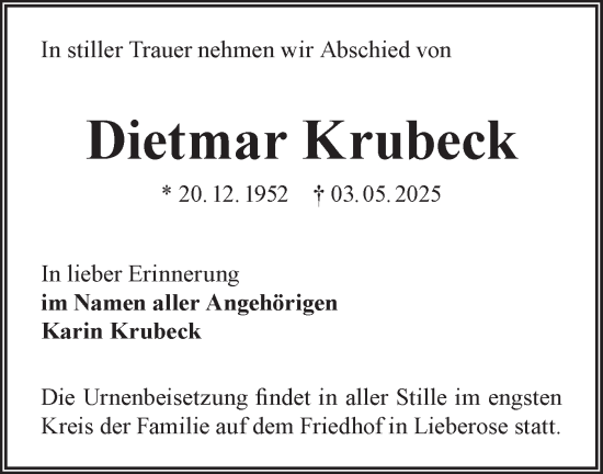 Traueranzeige von Dietmar Krubeck von Lausitzer Rundschau
