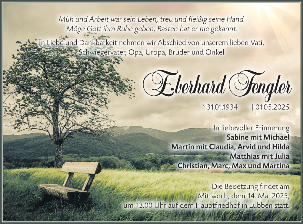  Traueranzeige für Eberhard Fengler vom 10.05.2025 aus Lausitzer Rundschau