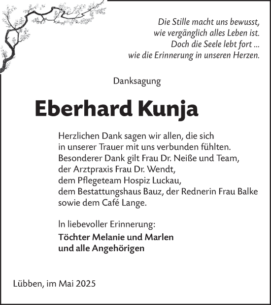 Traueranzeige von Eberhard Kunja von Lausitzer Rundschau
