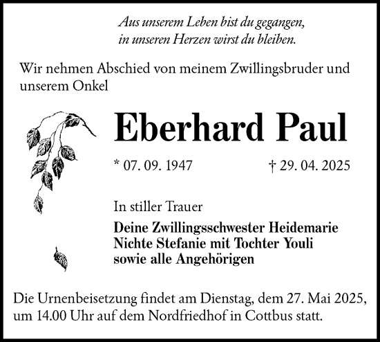 Traueranzeige von Eberhard Paul von Lausitzer Rundschau