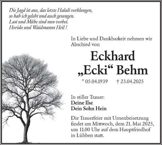 Traueranzeige von Eckhard Behm von Lausitzer Rundschau