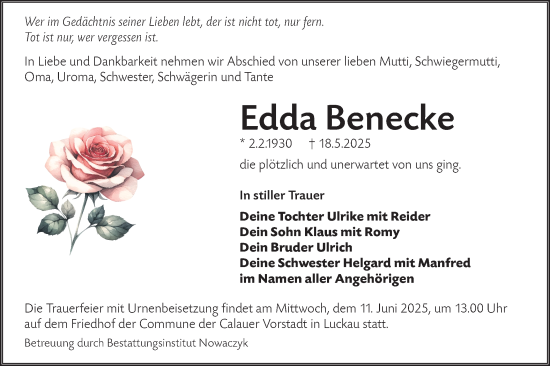 Traueranzeige von Edda Benecke von Lausitzer Rundschau