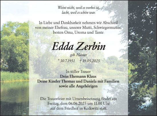 Traueranzeige von Edda Zerbin von Lausitzer Rundschau