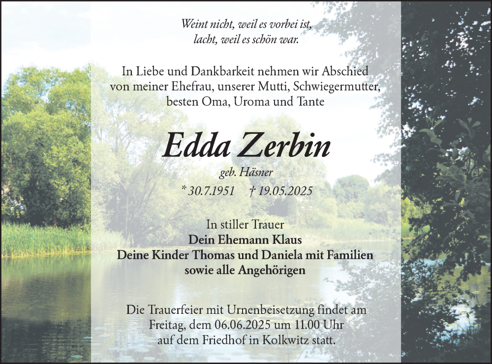  Traueranzeige für Edda Zerbin vom 31.05.2025 aus Lausitzer Rundschau