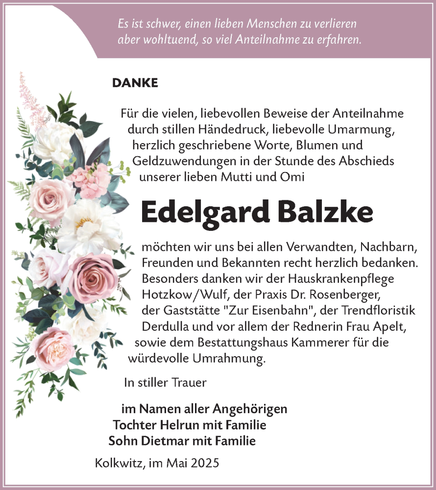 Traueranzeige für Edelgard Balzke vom 24.05.2025 aus Lausitzer Rundschau