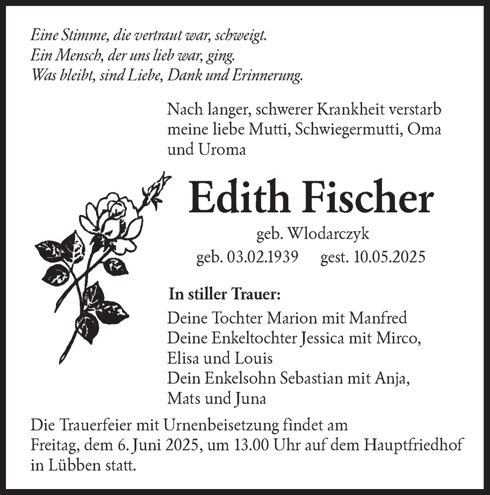  Traueranzeige für Edith Fischer vom 24.05.2025 aus Lausitzer Rundschau