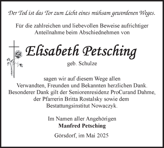 Traueranzeige von Elisabeth Petsching von Lausitzer Rundschau