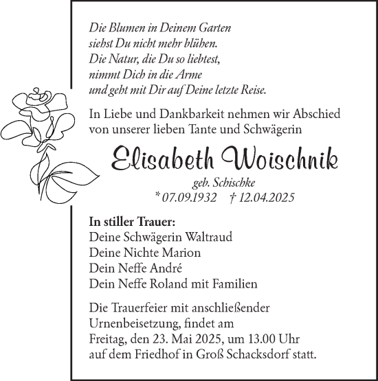 Traueranzeige von Elisabeth Woischnik von Lausitzer Rundschau