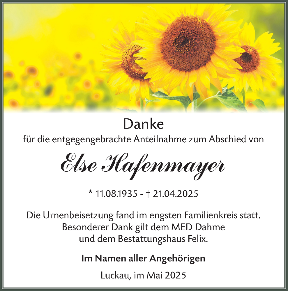  Traueranzeige für Else Hafenmayer vom 17.05.2025 aus Lausitzer Rundschau