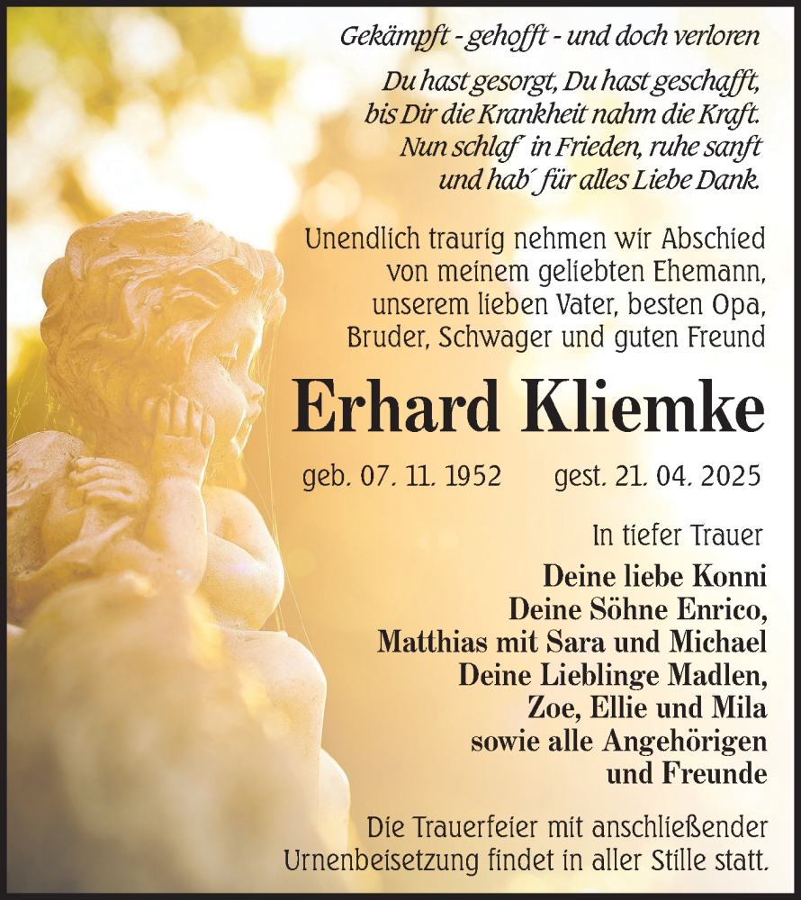  Traueranzeige für Erhard Kliemke vom 03.05.2025 aus Lausitzer Rundschau
