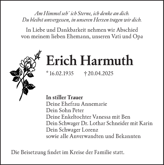 Traueranzeige von Erich Harmuth von Lausitzer Rundschau