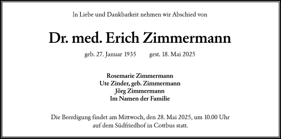 Traueranzeige von Erich Zimmermann von Lausitzer Rundschau